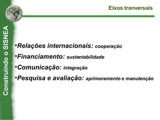 Relações internacionais:  cooperação Financiamento:  sustentabilidade Comunicação:  integração Pesquisa e avaliação:  aprimoramento e manutenção .  Construindo o SISNEA Eixos tranversais  