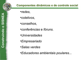 redes ,  coletivos ,  conselhos ,  conferências  e  fóruns. Universidades Empresariado Salas verdes Educadores ambientais poulares... Componentes dinâmicos e de controle social Construindo o SISNEA 