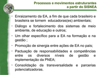 Processos e movimentos estruturantes a partir do SISNEA Enraizamento da EA, a fim de que cada brasileiro e brasileira se tornem  educadoras(es) ambientais; Diálogo e fortalecimento dos sistemas de meio ambiente, de educação e outros;  Um olhar específico para a EA na formação e na gestão ; Promoção de sinergia entre ações de EA no país; Pactuação de responsabilidades e competências entre os diversos níveis de gestão e implementação da PNEA; Consolidação da transversalidade e parcerias potencializadoras. 