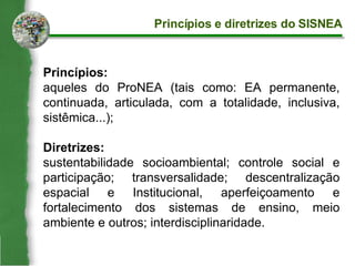 Princípios e diretrizes do SISNEA Princípios:   aqueles do ProNEA (tais como: EA permanente, continuada, articulada, com a totalidade, inclusiva, sistêmica...); Diretrizes: sustentabilidade socioambiental; controle social e participação; transversalidade; descentralização espacial e Institucional, aperfeiçoamento e fortalecimento dos sistemas de ensino, meio ambiente e outros; interdisciplinaridade. 