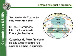 Secretarias de Educação e de Meio Ambiente CIEAs – Comissões Interinstitucionais de  Educação Ambiental Conselhos de Meio Ambiente de Educação e outros nos âmbitos estadual e municipal  Esferas estadual e municipal Construindo o SISNEA 