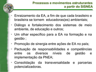 Processos e movimentos estruturantes a partir do SISNEA Enraizamento da EA, a fim de que cada brasileiro e brasileira se tornem  educadoras(es) ambientais; Diálogo e fortalecimento dos sistemas de meio ambiente, de educação e outros;  Um olhar específico para a EA na formação e na gestão ; Promoção de sinergia entre ações de EA no país; Pactuação de responsabilidades e competências entre os diversos níveis de gestão e implementação da PNEA; Consolidação da transversalidade e parcerias potencializadoras. 