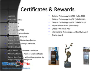 Certificates & Rewards
   ISO 9000                                           Deloitte Technology Fast 500 EMEA 2009
   ISO 13485 Class 2                                  Deloitte Technology Fast 50 TURKEY 2009
   CE Certificate
                                                       Deloitte Technology Fast 50 TURKEY 2010
   OHSAS 18001
                                                       Informatics 08 Press Sponsorship
                                                       Oracle FY08 Merit Pay
   PACS CE – SisoPACS
                                                       International Technology and Quality Award
   TSI Conformity Certificate
                                                       Oracle Award
   Oracle Partner Network
   Oracle Certified Advantage Partner
   Production Sufficiency Certificate
   ISMS Certificate
   Service Point Competence Certificate
   Ministry of Culture-Point of Sale Certificate
   Patent Specification without Examination for
    Hospital Appointment System
 