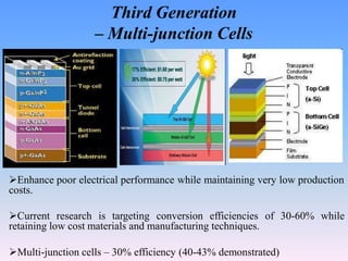 Enhance poor electrical performance while maintaining very low production
costs.
Current research is targeting conversion efficiencies of 30-60% while
retaining low cost materials and manufacturing techniques.
Multi-junction cells – 30% efficiency (40-43% demonstrated)
Third Generation
– Multi-junction Cells
 