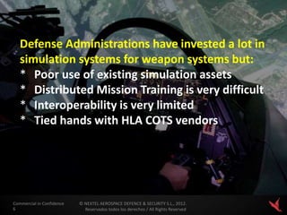 Defense Administrations have invested a lot in
   simulation systems for weapon systems but:
   * Poor use of existing simulation assets
   * Distributed Mission Training is very difficult
   * Interoperability is very limited
   * Tied hands with HLA COTS vendors




Commercial in Confidence   © NEXTEL AEROSPACE DEFENCE & SECURITY S.L., 2012.
6                            Reservados todos los derechos / All Rights Reserved
 