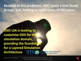 Because of this problems, SISO starts a new Study
Group : LSA, looking to solve many of this pains.




SISO LSA is looking to
customize DDS for the
simulation domain,
providing the foundation
for a Layered Simulation
Architecture
Commercial in Confidence   © NEXTEL AEROSPACE DEFENCE & SECURITY S.L., 2012.
7                            Reservados todos los derechos / All Rights Reserved
 