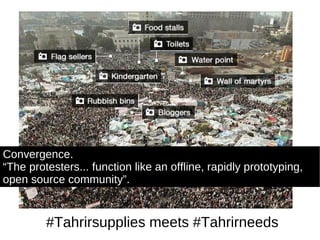 #Tahrirsupplies meets #Tahrirneeds Convergence. “ The protesters... function like an offline, rapidly prototyping, open source community”.  