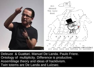Deleuze  & Guattari. Manuel De Landa. Paulo Friere. Ontology of  multiplicity. Difference is productive. Assemblage theory and ideas of hacktivism. Twin totems are De Landa and Lulzsec. 