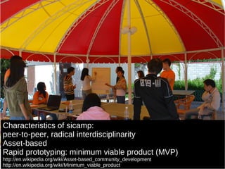 Characteristics of sicamp: peer-to-peer, radical interdisciplinarity Asset-based Rapid prototyping: minimum viable product...