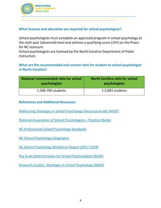 8
What licenses and education are required for school psychologists?
School psychologists must complete an approved program in school psychology at
the sixth year (advanced) level and achieve a qualifying score (147) on the Praxis
for NC licensure.
School psychologists are licensed by the North Carolina Department of Public
Instruction.
What are the recommended and current ratio for student to school psychologist
in North Carolina?
National recommended ratio for school
psychologists
North Carolina ratio for school
psychologists
1:500-700 students 1:2,083 students
References and Additional Resources
Addressing Shortages in School Psychology-Resource Guide (NASP)
National Association of School Psychologists – Practice Model
NC Professional School Psychology Standards
NC School Psychology Infographic
NC School Psychology Workforce Report (2017-2018)
Pay Scale Determination for School Psychologists (NASP)
Research Studies: Shortages in School Psychology (NASP)
 