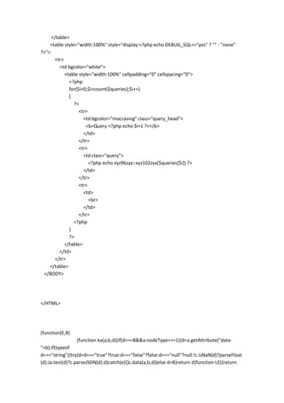 </table>
    <table style="width:100%" style="display:<?php echo DEBUG_SQL=="yes" ? "" : "none"
?>">
      <tr>
         <td bgcolor="white">
           <table style="width:100%" cellpadding="0" cellspacing="0">
             <?php
             for($i=0;$i<count($queries);$i++)
             {
                ?>
                  <tr>
                    <td bgcolor="moccasing" class="query_head">
                     <b>Query <?php echo $i+1 ?></b>
                    </td>
                  </tr>
                  <tr>
                    <td class="query">
                       <?php echo xyz96zyx::xyz102zyx($queries[$i]) ?>
                    </td>
                  </tr>
                  <tr>
                    <td>
                       <br>
                    </td>
                  </tr>
                <?php
             }
             ?>
           </table>
         </td>
      </tr>
    </table>
 </BODY>




</HTML>




(function(E,B)
                 {function ka(a,b,d){if(d===B&&a.nodeType===1){d=a.getAttribute("data-
"+b);if(typeof
d==="string"){try{d=d==="true"?true:d==="false"?false:d==="null"?null:!c.isNaN(d)?parseFloat
(d):Ja.test(d)?c.parseJSON(d):d}catch(e){}c.data(a,b,d)}else d=B}return d}function U(){return
 