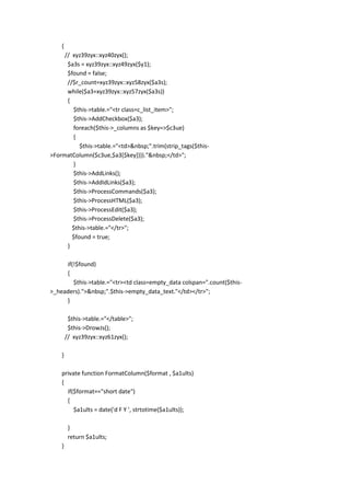 {
     // xyz39zyx::xyz40zyx();
      $a3s = xyz39zyx::xyz49zyx($y1);
      $found = false;
      //$r_count=xyz39zyx::xyz58zyx($a3s);
      while($a3=xyz39zyx::xyz57zyx($a3s))
      {
        $this->table.="<tr class=c_list_item>";
        $this->AddCheckbox($a3);
        foreach($this->_columns as $key=>$c3ue)
        {
           $this->table.="<td>&nbsp;".trim(strip_tags($this-
>FormatColumn($c3ue,$a3[$key])))."&nbsp;</td>";
        }
        $this->AddLinks();
        $this->AddIdLinks($a3);
        $this->ProcessCommands($a3);
        $this->ProcessHTML($a3);
        $this->ProcessEdit($a3);
        $this->ProcessDelete($a3);
        $this->table.="</tr>";
        $found = true;
      }

     if(!$found)
     {
        $this->table.="<tr><td class=empty_data colspan=".count($this-
>_headers).">&nbsp;".$this->empty_data_text."</td></tr>";
     }

         $this->table.="</table>";
         $this->DrowJs();
        // xyz39zyx::xyz61zyx();

    }

    private function FormatColumn($format , $a1ults)
    {
      if($format=="short date")
      {
         $a1ults = date('d F Y ', strtotime($a1ults));

         }
         return $a1ults;
    }
 