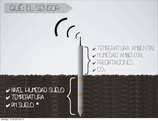 qué: El sensor




                                  }
                                  ✔ Temperatura ambiental
                                  ✔ Humedad ambiental
                                  ✔ precipit ones
                                            aci
                                  ✔ c02




     ✔
     ✔
     ✔
            Temperatura
            pH suelo *

domingo, 14 de abril de 13
                              {
            Nivel humedad suelo
 