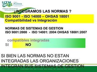 ISO 9001 - ISO 14000 – OHSAS 18001
Compatibilidad vs Integración
NORMAS DE SISTEMAS DE GESTION
ISO 9001:2000 - ISO 14001: 2004 OHSAS 18001:2007
compatibles integradas
SI NO
SI BIEN LAS NORMAS NO ESTAN
INTEGRADAS LAS ORGANIZACIONES
INTEGRAN SUS SISTEMAS DE GESTION
¿INTEGRAMOS LAS NORMAS ?
 