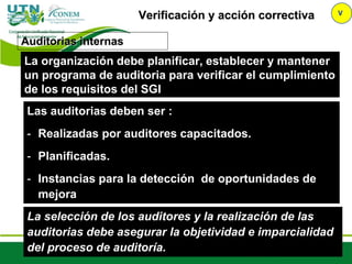 Verificación y acción correctiva V
Auditorias internas
Las auditorias deben ser :
- Realizadas por auditores capacitados.
- Planificadas.
- Instancias para la detección de oportunidades de
mejora
La organización debe planificar, establecer y mantener
un programa de auditoria para verificar el cumplimiento
de los requisitos del SGI
La selección de los auditores y la realización de las
auditorias debe asegurar la objetividad e imparcialidad
del proceso de auditoría.
 