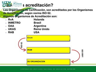 o Los Organismos de Certificación, son acreditados por los Organismos
de Acreditación, según norma ISO 62.
o Algunos Organismos de Acreditación son:
– RvA Holanda
– INMETRO Brasil
– OAA Argentina
– UKAS Reino Unido
– RAB USA
Qué es la acreditación?
SU ORGANIZACION
IRAM
O.A.A
ISO62
 