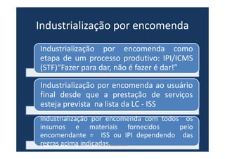 Industrialização por encomenda
Industrialização por encomenda como
etapa de um processo produtivo: IPI/ICMS
(STF)“Fazer para dar, não é fazer é dar!”
Industrialização por encomenda ao usuário
final desde que a prestação de serviços
esteja prevista na lista da LC - ISS
Industrialização por encomenda com todos os
insumos e materiais fornecidos pelo
encomendante = ISS ou IPI dependendo das
regras acima indicadas.www.bevilacqua.net.br
 