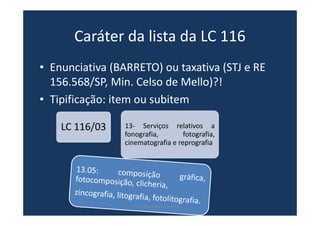 Caráter da lista da LC 116
• Enunciativa (BARRETO) ou taxativa (STJ e RE
156.568/SP, Min. Celso de Mello)?!
• Tipificação: item ou subitem
LC 116/03 13- Serviços relativos a
fonografia, fotografia,
cinematografia e reprografia
www.bevilacqua.net.br
 