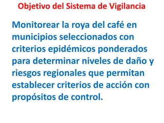 Monitorear la roya del café en
municipios seleccionados con
criterios epidémicos ponderados
para determinar niveles de daño y
riesgos regionales que permitan
establecer criterios de acción con
propósitos de control.
Objetivo del Sistema de Vigilancia
 