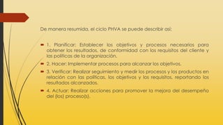De manera resumida, el ciclo PHVA se puede describir así:
 1. Planificar: Establecer los objetivos y procesos necesarios para
obtener los resultados, de conformidad con los requisitos del cliente y
las políticas de la organización.
 2. Hacer: Implementar procesos para alcanzar los objetivos.
 3. Verificar: Realizar seguimiento y medir los procesos y los productos en
relación con las políticas, los objetivos y los requisitos, reportando los
resultados alcanzados.
 4. Actuar: Realizar acciones para promover la mejora del desempeño
del (los) proceso(s).
 