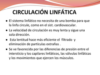 CIRCULACIÓN LINFÁTICA
● El sistema linfático no necesita de una bomba para que
la linfa circule, como en el sist. cardiovascular.
● La velocidad de circulación es muy lenta y sigue una
sola dirección.
● Esta lentitud hace más eficiente el filtrado y
eliminación de partículas extrañas .
● Se ve favorecida por las diferencias de presión entre el
intersticio y los capilares linfáticos, las válvulas linfáticas
y los movimientos que ejercen los músculos.
 