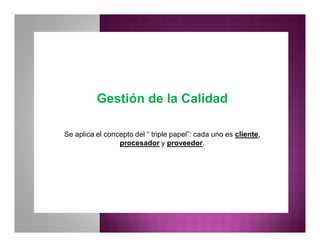 Gestión de la CalidadGestión de la Calidad
Se aplica el concepto del “ triple papel”: cada uno es cliente,
procesador y proveedor.
 
