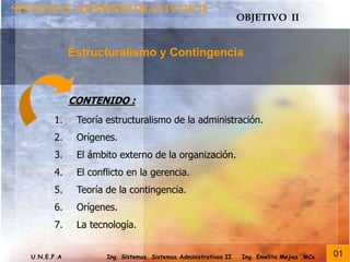Estructuralismo y Contingencia
SISTEMAS ADMINISTRATIVOS II
OBJETIVO II
01
U.N.E.F.A Ing. Emelita Mejias .MCs
Ing. Sistemas. Sistemas Administrativos II
CONTENIDO :
1. Teoría estructuralismo de la administración.
2. Orígenes.
3. El ámbito externo de la organización.
4. El conflicto en la gerencia.
5. Teoría de la contingencia.
6. Orígenes.
7. La tecnología.
 