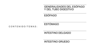 C O N T E N I D O / T E M A S :
GENERALIDADES DEL ESÓFAGO
Y DEL TUBO DIGESTIVO
ESÓFAGO
ESTÓMAGO
INTESTINO DELGADO
INTESTINO GRUESO
 