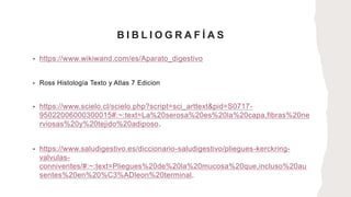 B I B L I O G R A F Í A S
• https://www.wikiwand.com/es/Aparato_digestivo
• Ross Histología Texto y Atlas 7 Edicion
• https://www.scielo.cl/scielo.php?script=sci_arttext&pid=S0717-
95022006000300015#:~:text=La%20serosa%20es%20la%20capa,fibras%20ne
rviosas%20y%20tejido%20adiposo.
• https://www.saludigestivo.es/diccionario-saludigestivo/pliegues-kerckring-
valvulas-
conniventes/#:~:text=Pliegues%20de%20la%20mucosa%20que,incluso%20au
sentes%20en%20%C3%ADleon%20terminal.
 