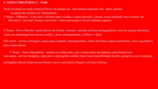 5. NERVO TRIGÊMEO (V - PAR)
Nasce na ponte na região temporal forma um gânglio de onde partem separados três ramos gêmeos.
RAMOS DO GÂNCLIO TRIGEMIAL
1º Ramo - Oftálmico - é um nervo aferente supre o bulbo, o sacro lacrimal, a fronte, couro cabeludo, nariz externo, etc.
- Sub-ramos - lacrimal, frontal e nasociliar - todos atravessam a fissura orbitária superior.
-
2º Ramo - Nervo Maxilar - passa através do forame redondo - penetra na fossa pterigopalatina, local de injeção anestésica
usada em odontologia (na incisura média, a fossa pterigopalatina, a órbita e a face).
Sub-ramos - nervos meníngeos, ramos para o gânglio pterigopalatino, ramos alveolares supero-posteriores, nervo zigomático,
nervo infra-orbital.
3º Ramo - Nervo Mandibular - penetra na órbita junto com o ramo motor do trigêmeo, pelo forame oral.
Sub-ramos - nervos mengineo, ramo para o piterogódeo medial, ramo bucal (sensibilidade da pele e gengiva), nervo masseter,
piterigódeo lateral, temporais profundos, nervos auriculares, linqual e alvéolos inferior.
 