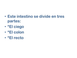 • Este intestino se divide en tres
  partes:
• *El ciego
• *El colon
• *El recto
 