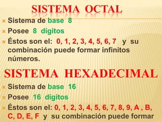 SISTEMA OCTAL
 Sistema de base 8
 Posee 8 dígitos

 Éstos son el: 0, 1, 2, 3, 4, 5, 6, 7 y su
  combinación puede formar infinitos
  números.

SISTEMA HEXADECIMAL
 Sistema de base 16
 Posee 16 dígitos

 Éstos son el: 0, 1, 2, 3, 4, 5, 6, 7, 8, 9, A , B,
  C, D, E, F y su combinación puede formar
 