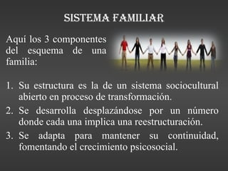 Sistema familiar Aquí los 3 componentes del esquema de una familia: Su estructura es la de un sistema sociocultural abierto en proceso de transformación. Se desarrolla desplazándose por un número donde cada una implica una reestructuración. Se adapta para mantener su continuidad, fomentando el crecimiento psicosocial. 