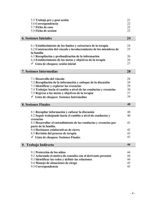 - 4 - 
5.5 Trabajo pre y post sesión 
21 
5.6 Correspondencia 
22 
5.7 Ficha de caso 
22 
5.8 Ficha de session 
23 
6. Sesiones Iniciales 24 
6.1 Establecimiento de los límites y estructura de la terapia 
24 
6.2 Construcción del vínculo e involucramiento de los miembros de la familia 
25 
6.3 Recopilación y profundización de la información 
26 
6.4 Establecimiento de las metas y objetivos de la terapia 
26 
 Lista de chequeo: sesión inicial 
27 
7. Sesiones Intermedias 28 
7.1 Desarrollo del vínculo 
28 
7.2 Recopilación de la información y enfoque de la discusión 
28 
7.3 Identificar y explorar las creencias 
29 
7.4 Trabajar hacia el cambio a nivel de las conductas y creencias 
30 
7.5 Regreso a las metas y objetivos de la terapia 
37 
 Lista de chequeo: Sesiones Intermedias 
39 
8. Sesiones Finales 40 
8.1 Recopilar información y enfocar la discusión 
40 
8.2 Seguir trabajando hacia el cambio a nivel de conductas y creencias 
40 
8.3 Desarrollar el entendimiento de las conductas y creencias por parte de la familia. 
41 
8.4 Decisiones colaborativas de cierre 
42 
8.5 Revisión del proceso de terapia 
43 
 Lista de chequeo: Sesiones Finales 
43 
9. Trabajo Indirecto 44 
9.1 Protección de los niños 
44 
9.2 Aclarando el motivo de consulta con el derivante presente 
44 
9.3 Identificar las redes y definir las relaciones 
44 
9.4 Manejo de situaciones de riesgo 
45 
9.5 Correspondencia 
45 
 