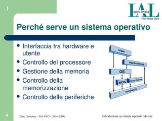 (Dino Grendene – IAL FVG – 2004­2009)4 Introduzione ai sistemi operativi di rete
1
Perché serve un sistema operativo
 Interfaccia tra hardware e 
utente
 Controllo del processore
 Gestione della memoria
 Controllo della 
memorizzazione
 Controllo delle periferiche
 