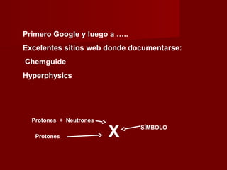 Primero Google y luego a …..
Excelentes sitios web donde documentarse:
Chemguide
Hyperphysics
Protones + Neutrones
Protones X SÍMBOLO
 