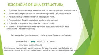 EXIGENCIAS DE UNA ESTRUCTURA
 1. Equilibrio: Cero movimiento o resultante de las fuerzas aplicadas sea igual a cero.
 2. Estabilidad: Desplazabilidad sin perdida del equilibrio. ( Equilibrio estable)
 3. Resistencia: Capacidad de soportar las cargas sin fallar.
 4. Funcionalidad: Cumplir a cabalidad con la función asignada
 5. Economía: presupuesto disponible para la construcción.
 6. Estética: escogencia del sistema estructural adecuado y expresión de la
arquitectura ( Belleza de Edificio)
Estructuras Estéticas Incorrectas vs. Estructuras Correctas no Estéticas
ORDEN ESTÉTICO DISEÑO ESTRUCTURAL
Crear Ideas con Inteligencia
Conocimiento y dominio del comportamiento de las estructuras, cualidades de los
materiales , Costos, Tendencias tecnológicas y estilos, exigencias o necesidades sociales.
 