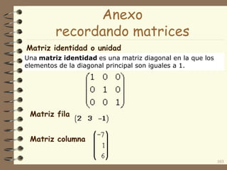 103
Una matriz identidad es una matriz diagonal en la que los
elementos de la diagonal principal son iguales a 1.
Matriz identidad o unidad
Matriz fila
Matriz columna
Anexo
recordando matrices
 
