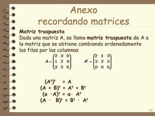 106
Matriz traspuesta
Dada una matriz A, se llama matriz traspuesta de A a
la matriz que se obtiene cambiando ordenadamente
las filas por las columnas
(At)t = A
(A + B)t = At + Bt
(α ·A)t = α· At
(A · B)t = Bt · At
Anexo
recordando matrices
 