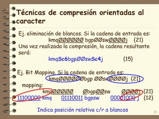 20
Ej. eliminación de blancos. Si la cadena de entrada es:
kmqØØØØØØ bgpØØswØØØØj {21}
Una vez realizada la compresión, la cadena resultante
será:
kmqSc6bgpØØswSc4j {15}
Técnicas de compresión orientadas al
caracter
Ej. Bit Mapping. Si la cadena de entrada es:
kmqØØØØØØbgp ØØswØØØØj {21}
mapping:
kmqØØØØØ ØbgpØØsw ØØØØj {21}
11100000 kmq 01110011 bgpsw 00001000 j {12}
Indica posición relativa c/r a blancos
 