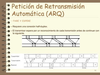 Petición de Retransmisión
Automática (ARQ)
• PARE Y ESPERE
– Requiere una conexión half-duplex.
– El transmisor espera por un reconocimiento de cada transmisión antes de continuar con
la siguiente.
36
 