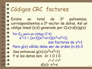 Existe un total de 2k polinomios,
correspondientes a 2k vector de datos. Así un
código lineal (n,k) generado por C(x)=d(x)g(x)
68
Por Ej. para un código (7,4)
x7+1 = (x+1)(x3+x+1)(x3+x2+1)
son factores de xn+1
Para g(x) válido debe ser de orden (n-k)=3
Sea entonces g(x)=(x3+x2+1)
Y si los datos son: d= 1 0 1 0
x3 x2 x1x0
d(x)= x3+x
Códigos CRC factores
 