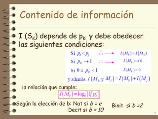 I (SK) depende de pK y debe obedecer
las siguientes condiciones:
9
la relación que cumple:
Según la elección de b: Nat si b = e
Decit si b = 10
Binit si b =2
Contenido de información
 