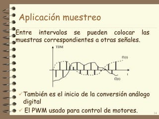 Entre intervalos se pueden colocar las
muestras correspondientes a otras señales.
TDM
t
f1(t)
f2(t)
Aplicación muestreo
También es el inicio de la conversión análogo
digital
 El PWM usado para control de motores. 14
 