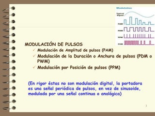 MODULACIÓN DE PULSOS
 Modulación de Amplitud de pulsos (PAM)
 Modulación de la Duración o Anchura de pulsos (PDM o
PWM)
 Modulación por Posición de pulsos (PPM)
3
(En rigor éstas no son modulación digital, la portadora
es una señal periódica de pulsos, en vez de sinusoide,
modulada por una señal continua o analógica)
 