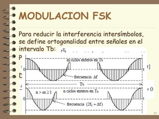 Para reducir la interferencia intersímbolos,
se define ortogonalidad entre señales en el
intervalo Tb:
Para:
Debe cumplirse:
45
MODULACION FSK
 