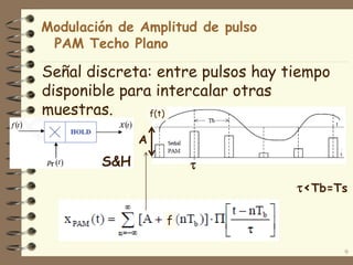 Modulación de Amplitud de pulso
PAM Techo Plano
Señal discreta: entre pulsos hay tiempo
disponible para intercalar otras
muestras.
9
<Tb=Ts

A
f(t)
f
S&H
 