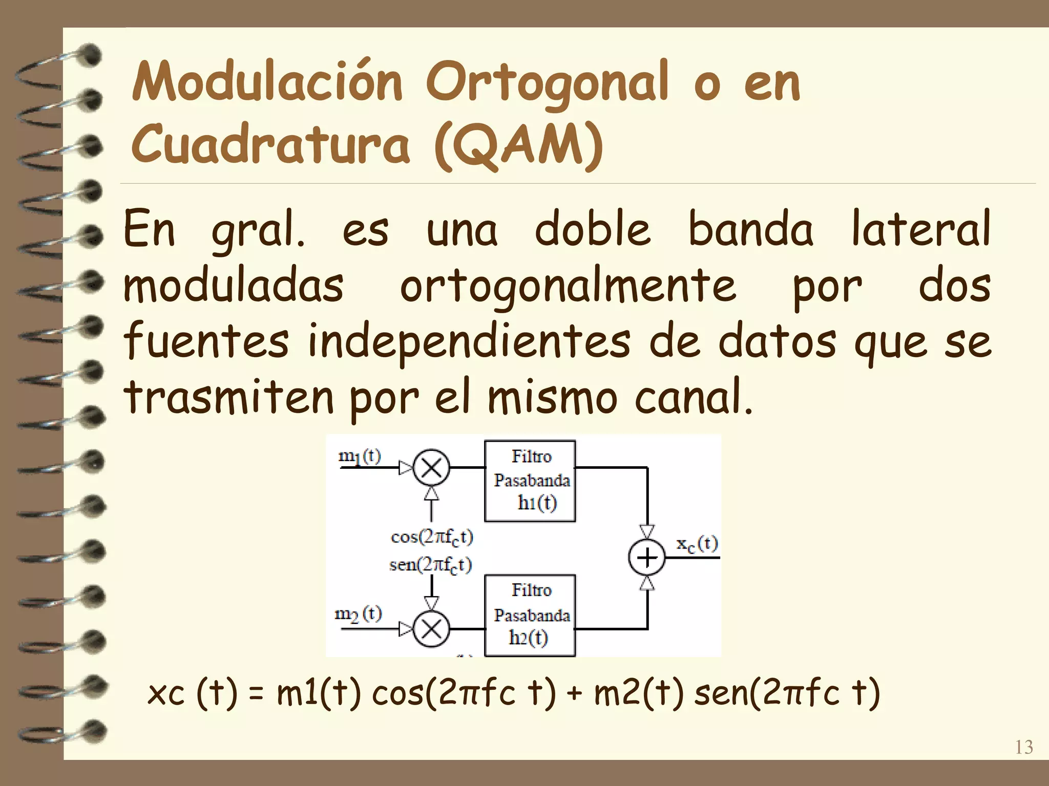 Modulación Ortogonal o en
Cuadratura (QAM)
En gral. es una doble banda lateral
moduladas ortogonalmente por dos
fuentes independientes de datos que se
trasmiten por el mismo canal.
13
xc (t) = m1(t) cos(2πfc t) + m2(t) sen(2πfc t)
 