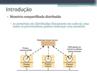 • Memória compartilhada distribuída 
▫ as memórias são distribuídas fisicamente em cada nó, mas 
todos os processadores podem endereçar essa memória 
 