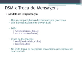 • Modelo de Programação 
▫ Dados compartilhados diretamente por processos 
▫ Não há encapsulamento de variáveis 
▫ DSM 
 write(endereço, dados) 
 var d = read(endereço) 
▫ Troca de Mensagens 
 send(destinatário, dados) 
 receive(dados) 
▫ No DSM torna-se necessário mecanismos de controle de 
concorrência 
 